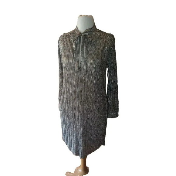 Sabina Musayev Anthropologie Shirt Dress Sz XS Eugine Gold Gray Accordian Tie - Picture 2 of 10